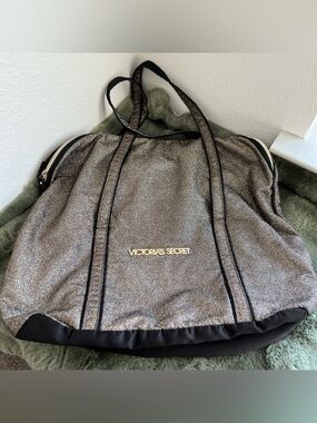 Victoria's Secret Silver Glitter Tote with Gold Logo